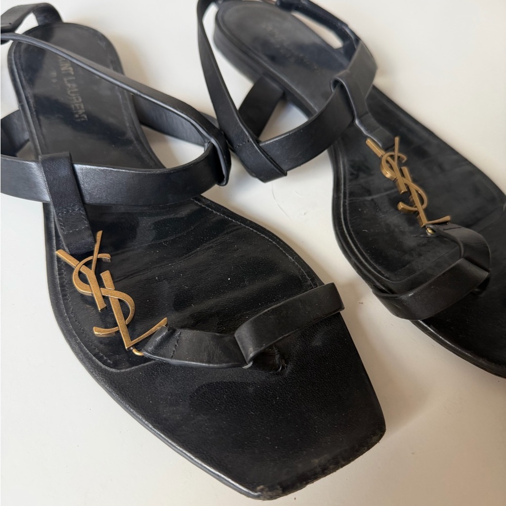 Saint Laurent Black Leather Logo Toe-Ring Sandals with Gold YSL Hardware - Picture 2 of 4